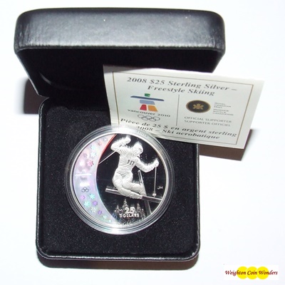 2008 Silver Proof $25 Hologram Coin - Freestyle Skiing - Click Image to Close